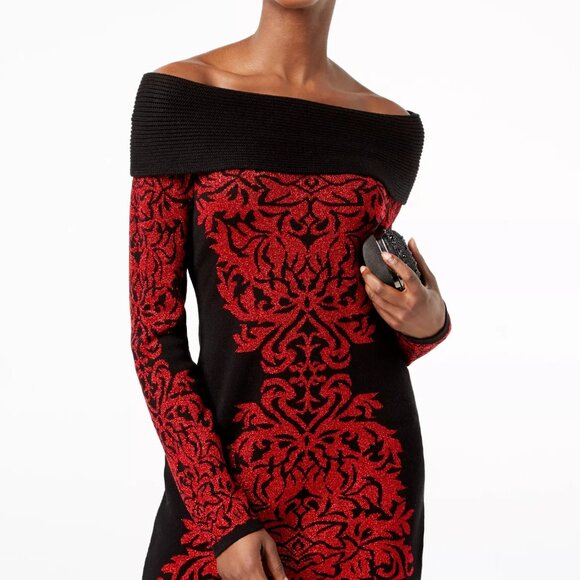 Carmen Carmen Marc Valvo Off The Shoulder Sweater Dress Red Black Sz XL Damask - Picture 2 of 10